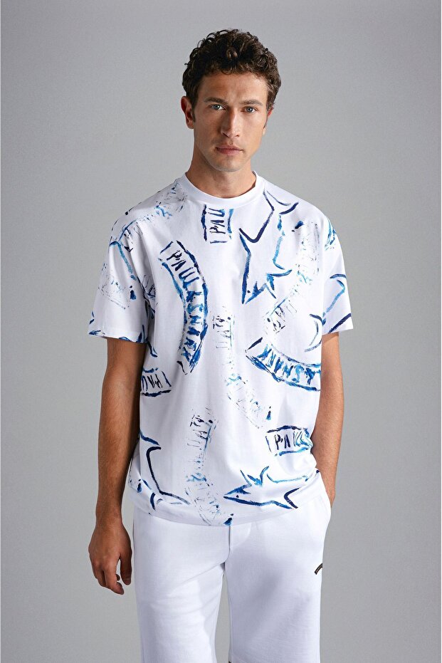 Men's Brand Logo Cotton Regular Fit Casual White T-Shirt24411103-010