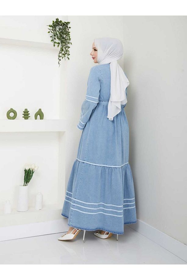 şeritli  denim tesettür elbise - 3