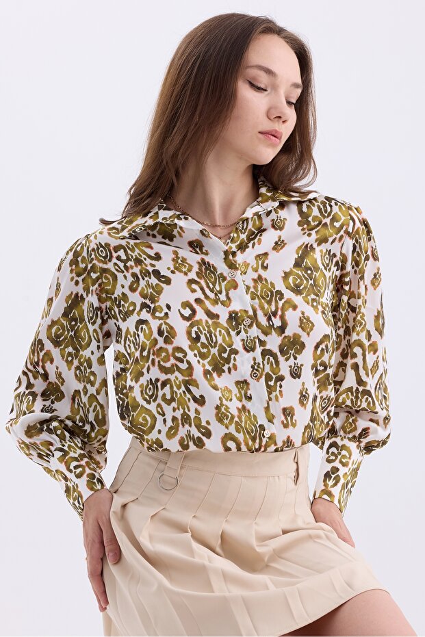 Women's Patterned Balloon Sleeve Oversized Satin Shirt with Drawstring Detail at the Shoulder