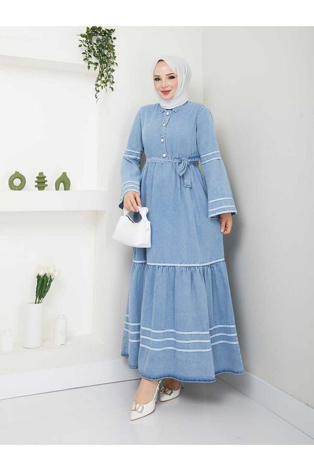 şeritli  denim tesettür elbise - 1