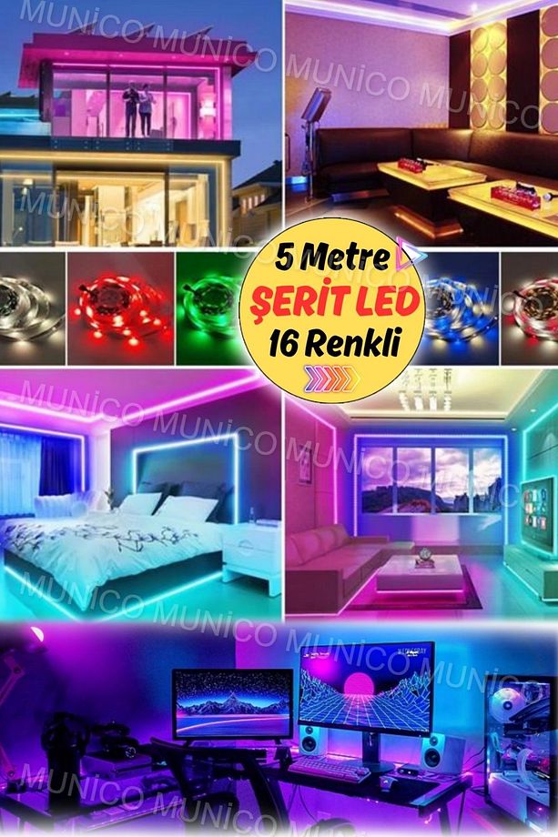 5 Metre Kaliteli Profesyonel Şerit Led Yapışkanlı Bar Restorant Araba Aydınlatma 16 Renkli Kaliteli - 7