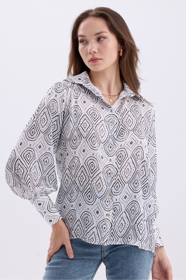 Women's Ethnic Patterned Oversize Satin Shirt with Balloon Sleeves and Shoulder Shirts