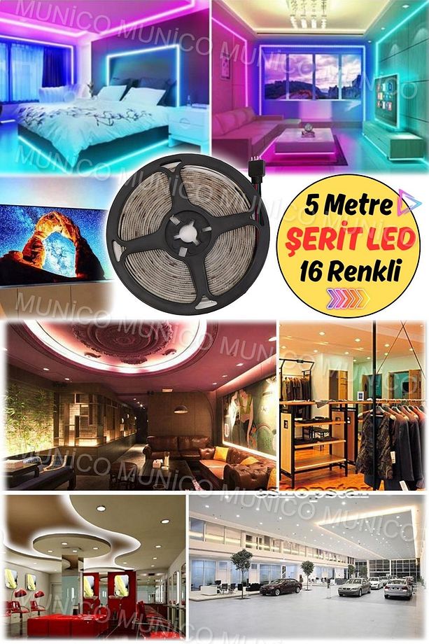5 Metre Kaliteli Profesyonel Şerit Led Yapışkanlı Bar Restorant Araba Aydınlatma 16 Renkli Kaliteli - 6