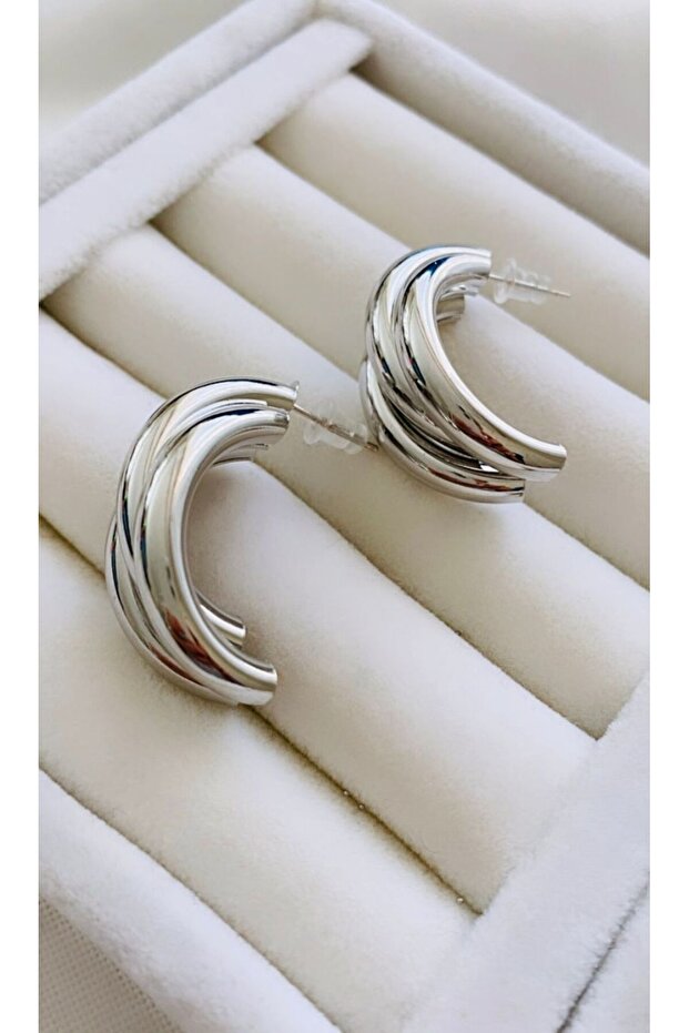 Steel Triple Curved Half Hoop Earrings (3 cm)