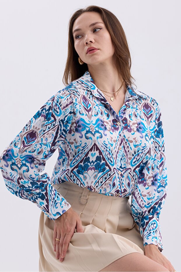 Women's Ethnic Patterned Oversize Satin Shirt with Balloon Sleeves and Shoulder Shirts