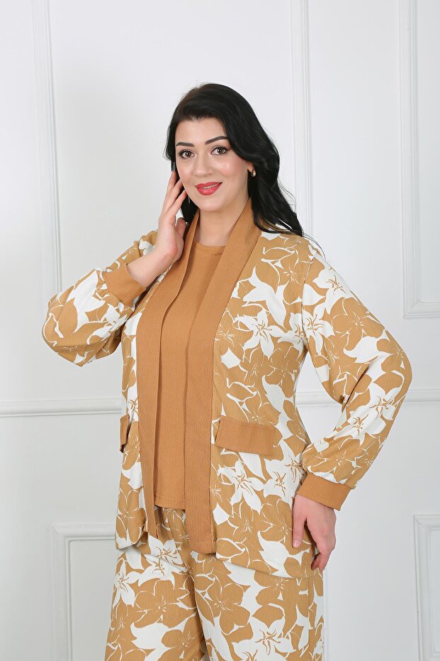Women's Mustard Lycra 3-Piece Set Knitted Wrap Shirt Blouse Trousers