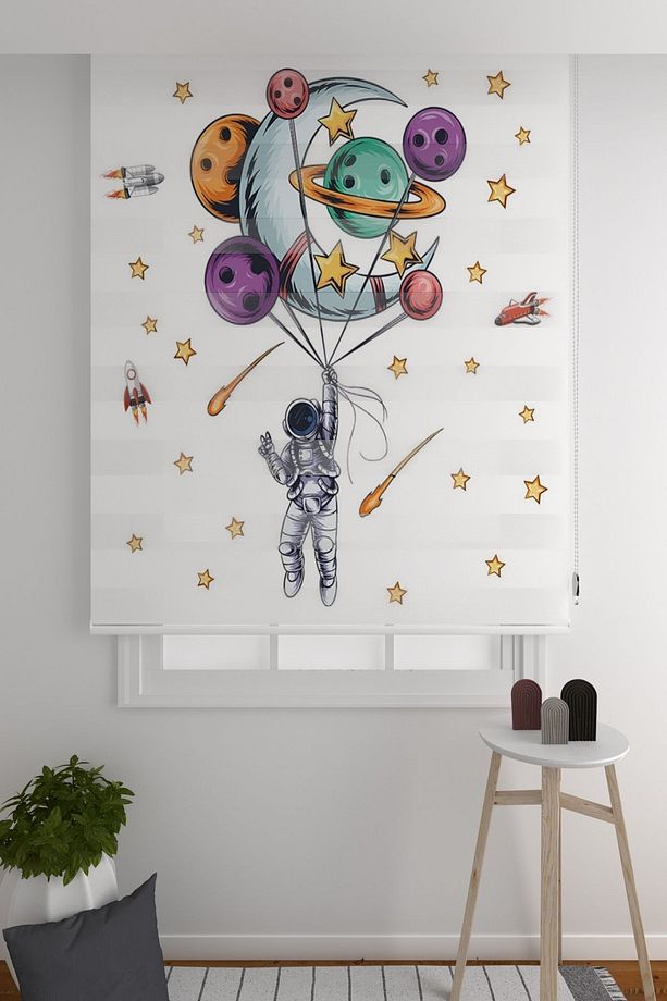 Zebra Perde Astronut Ve Gezegenler Desenli Çocuk Odası Zebra Perde Baskılı Zebra Perde - 3