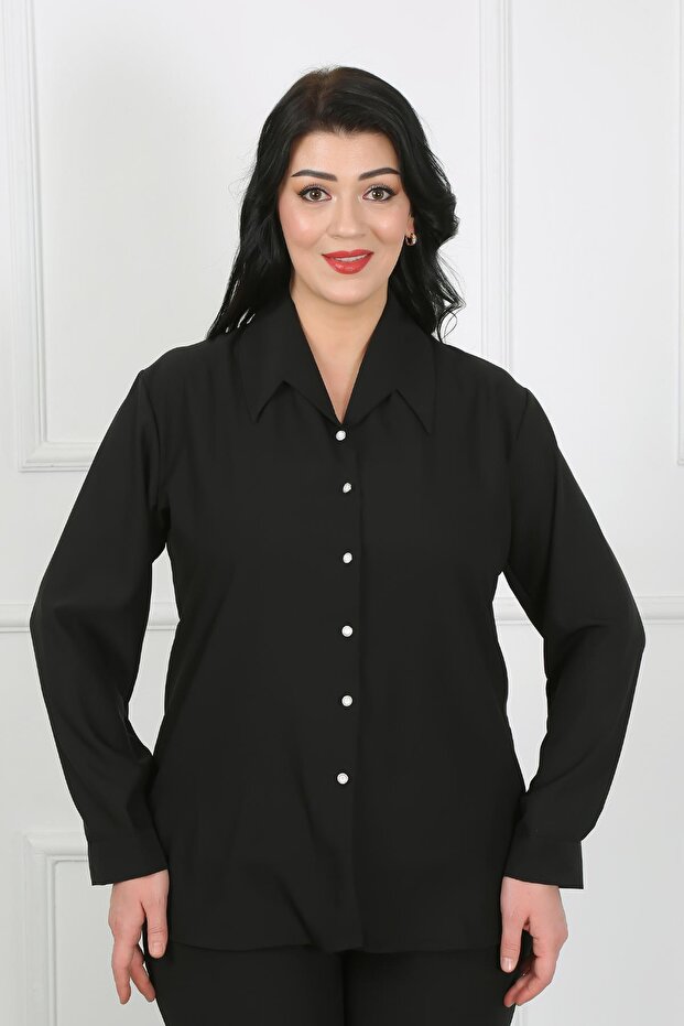 Women's Black Plain Dubai Fabric Large Size Shirt