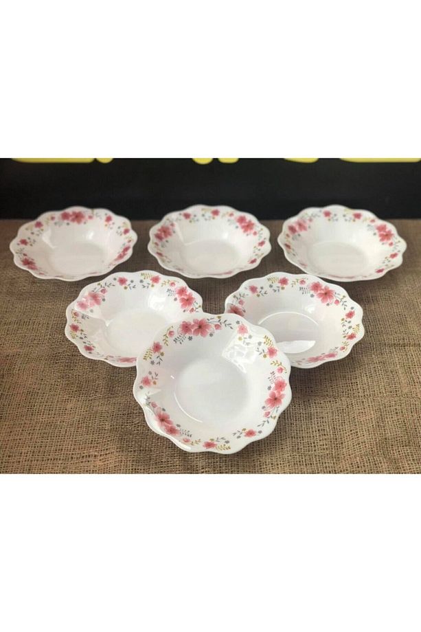 8 No Yemek Tabağı 6 Adet Çiçek Desenli Çukur Tabak Kenarları Dalgalı Arcopal Yemek Tabağı - 1