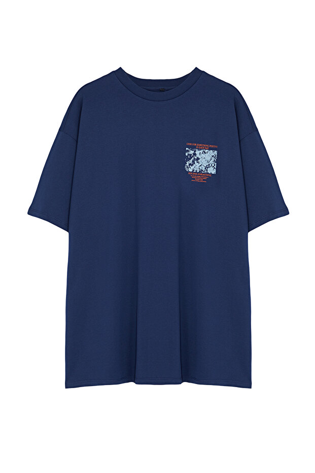 Lacivert %100 Kalın Pamuklu Ön ve Arka Baskılı Oversize/Rahat Kesim Örme T-Shirt TWOSS23TS00269 - 5
