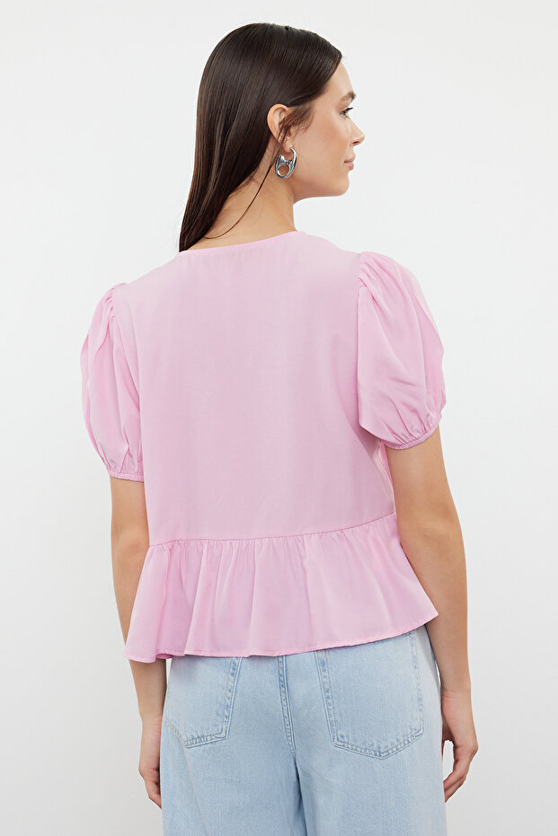 Pembe Bağlamalı Dokuma Gömlek TWOSS24GO00237 - 5