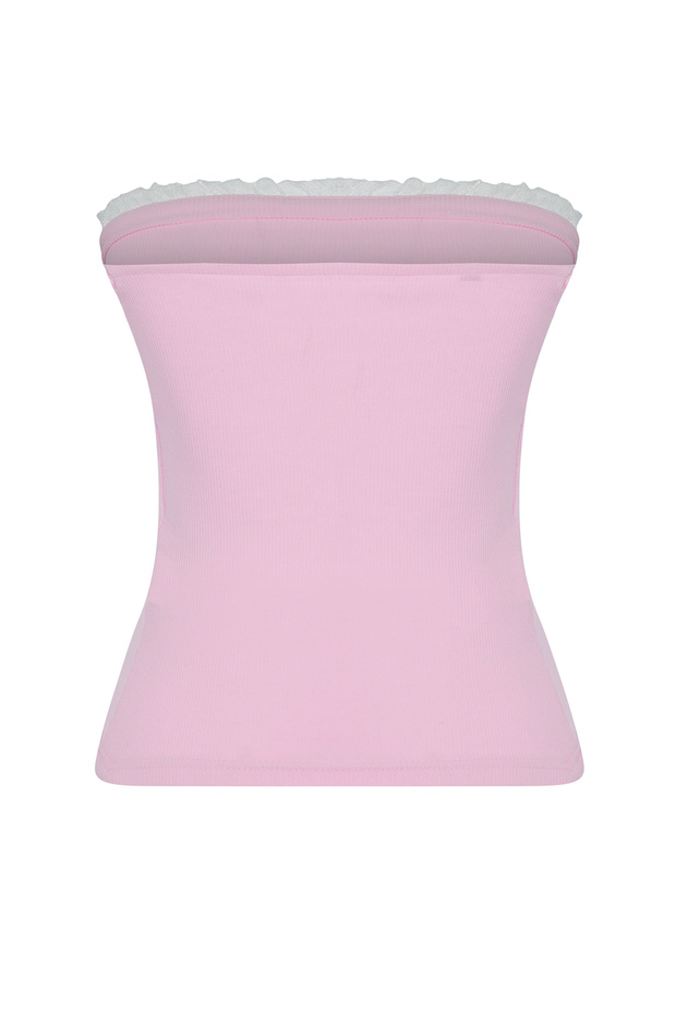 Pembe Fitilli Straplez Yaka Dokuma Garnili Vücuda Oturan Pamuklu Crop Örme Bluz TWOSS24BZ00361 - 7