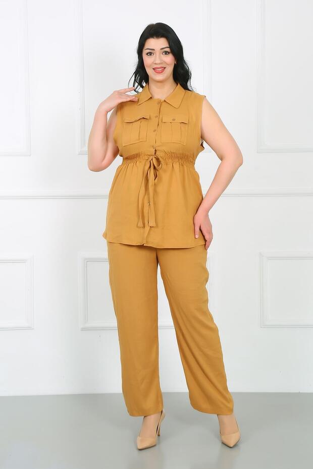 Women's Mustard Color Top and Bottom Vest Pants Plus Size Set