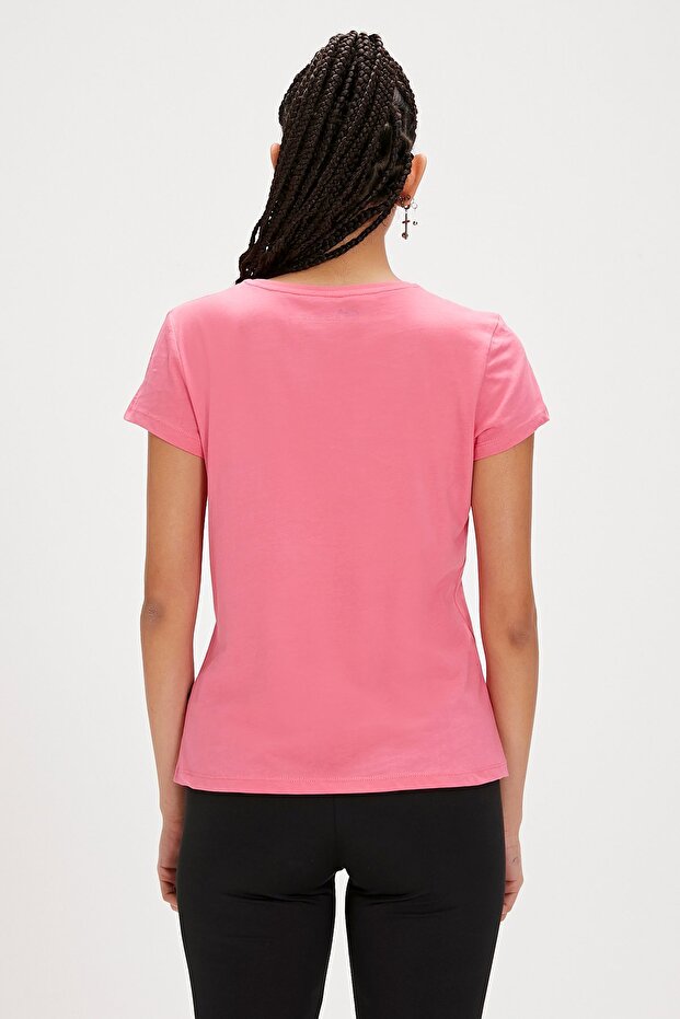 Logo Tee Pembe Logo Baskılı Basic Kadın Tişört - 4