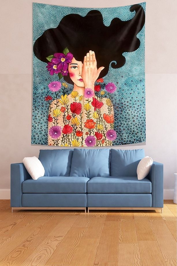 İskandinav Çiçekli Kız Farkındalık Uyanış Tema Leke Tutmaz Kumaş Duvar Örtüsü Duvar Halısı Tapestry - 3
