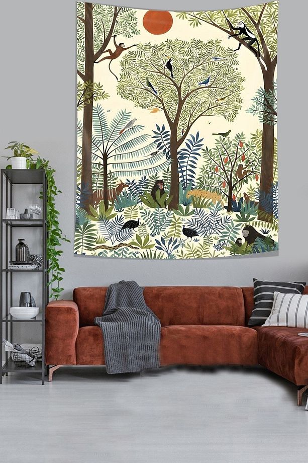 Egzotik Ormanda Kız ve Hayvanlar Leke Tutmaz Kumaş Duvar Örtüsü Duvar Halısı Tapestry - 3
