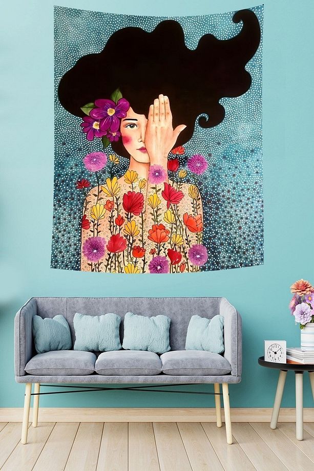 İskandinav Çiçekli Kız Farkındalık Uyanış Tema Leke Tutmaz Kumaş Duvar Örtüsü Duvar Halısı Tapestry - 2