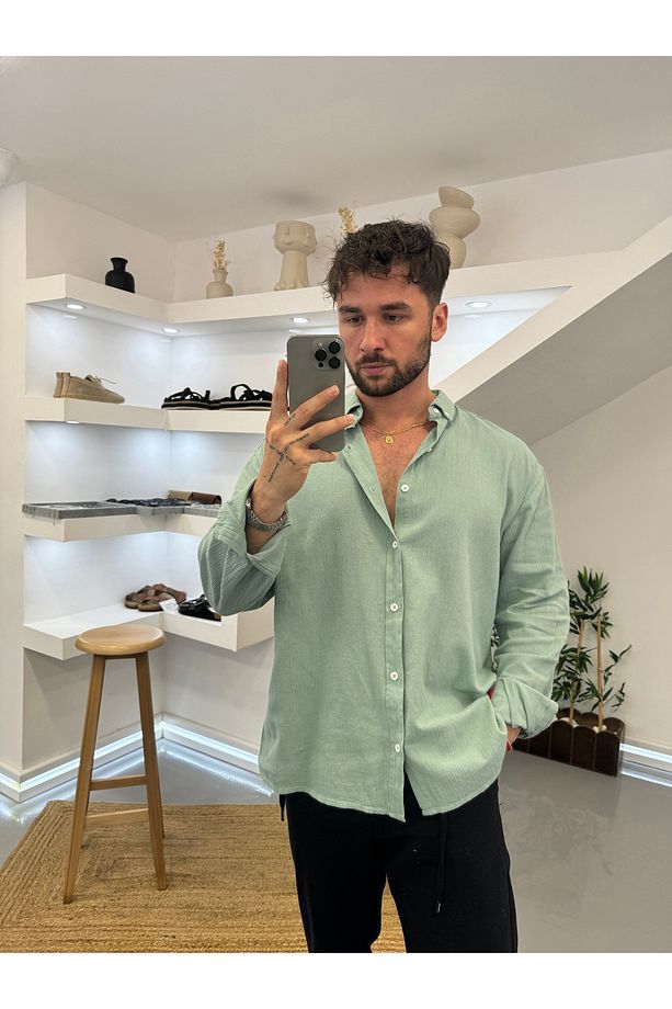 Mint Oversize Krinkıl Keten Gömlek - 3