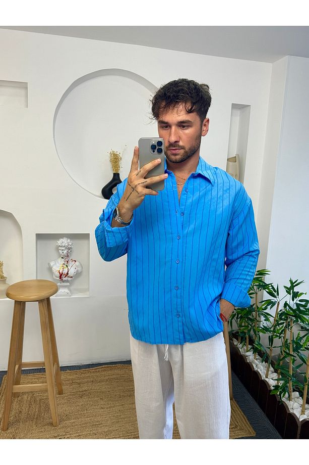 Mavi Şeritli Oversize Giesto Gömlek - 4