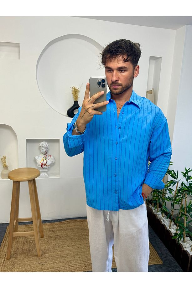 Mavi Şeritli Oversize Giesto Gömlek - 3