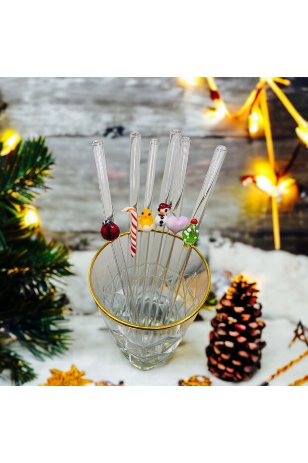 New Year Figured Glass Straw Set with 6 Cleaning Brushes as a Gift