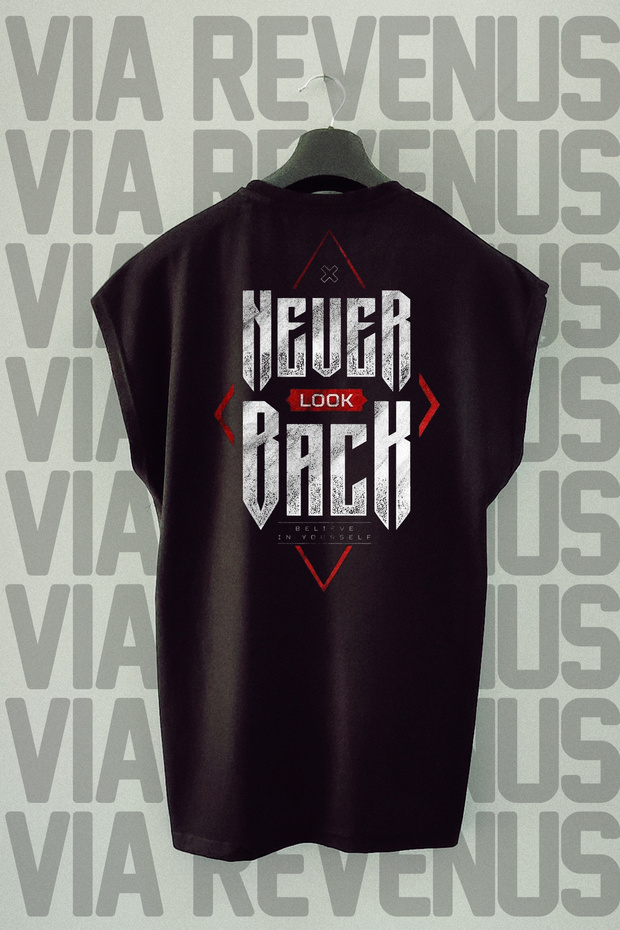 Never Look Back Back Print Zero Sleeve Black Sports T-Shirt