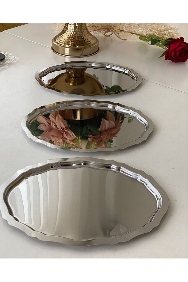 20*25 CM ÇELİK OVAL DALGALI 3 ADET SERVİS VE SUNUM TEPSİSİ - 2