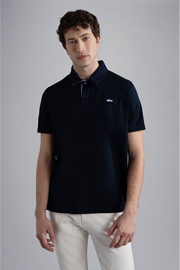 Men's Cotton Polo Collar Button Closure Short Sleeve Navy Blue Polo Collar T-shirt24411271-013