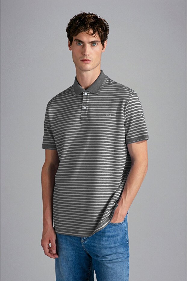 Men's Polo Neck Button Closure Short Sleeve Gray Polo Neck T-Shirt24411236-106