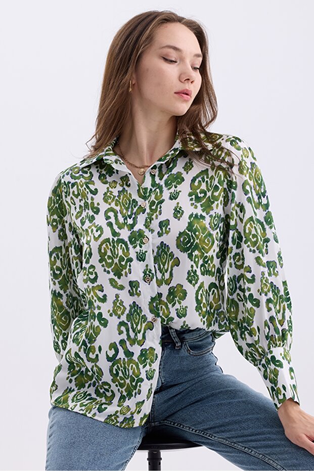 Women's Patterned Balloon Sleeve Oversized Satin Shirt with Drawstring Detail at the Shoulder