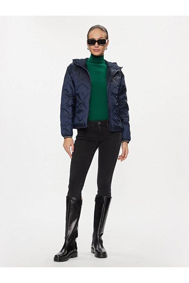 Women's Hooded Zipper Closure Long Sleeve Navy Blue Coat DW0DW17242-C1G