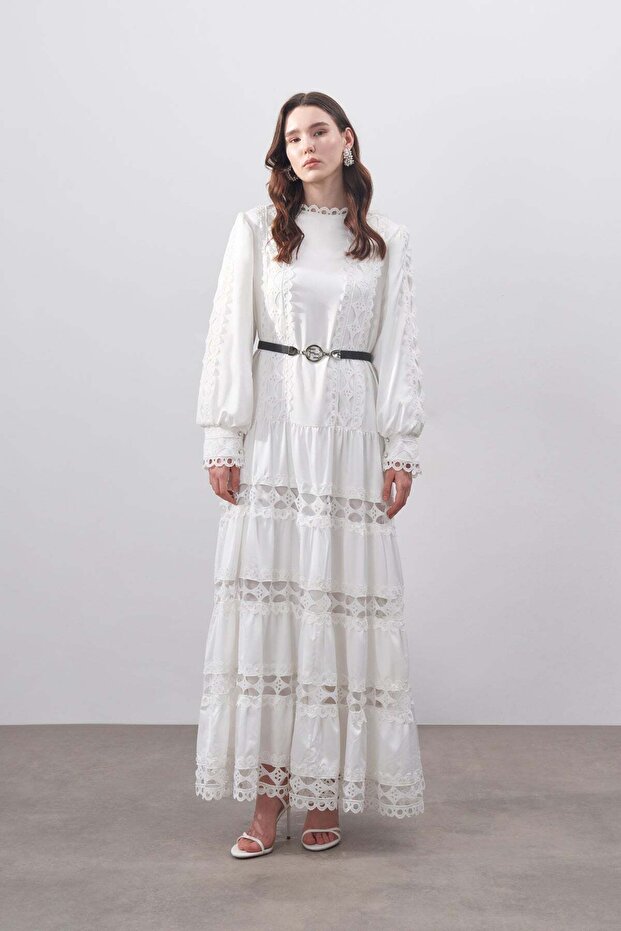 Satin Dress - Guipure Detailed
