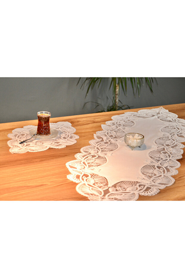 Kelebek 5 Piece Luxury Runner Living Room Coffee Table Table Cover Set French Laced Dowry Set