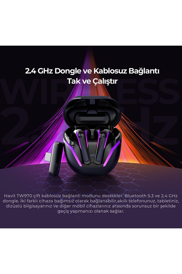 TW970 TWS RGB Gaming Bluetooth Kulaklık - 2.4GHz ve Bluetooth Modu - 8