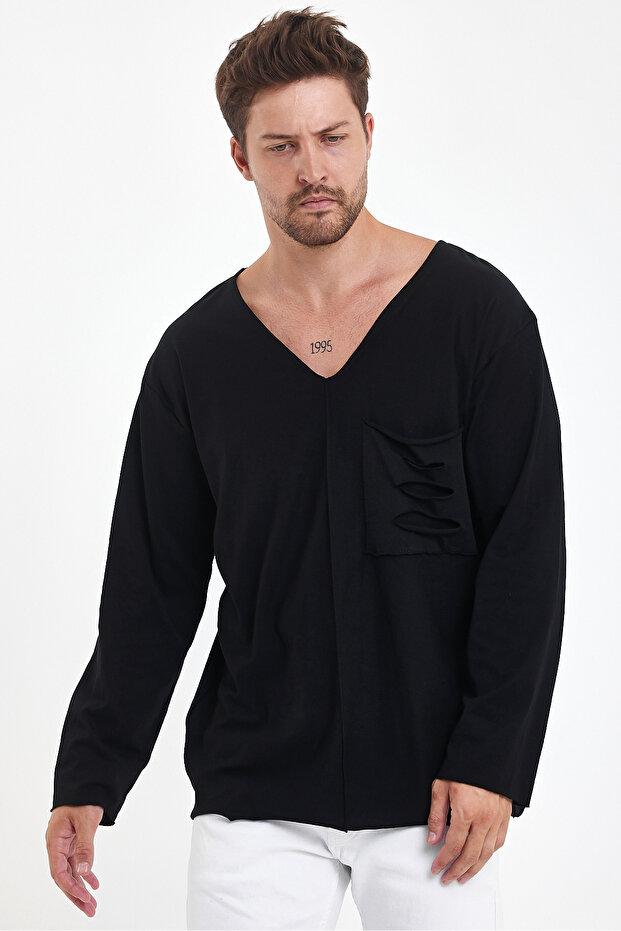 Open V-Neck Dirty Cut Detailed Pocket Long Sleeve T-Shirt Comfortable Cut