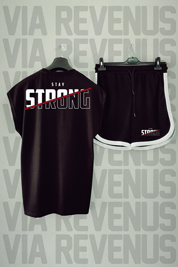 Stay Strong Black Sports T-Shirt and Shorts Set - Zero Sleeve, Crew Neck