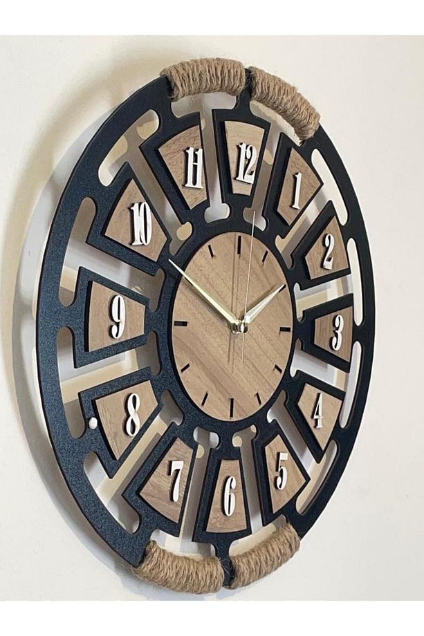 Lazer Kesim Dekoratif Ahşap Hasır Detaylı Jüt Ip Sargılı Askılı Sesiz Akar Duvar Saati 40x40 - 3