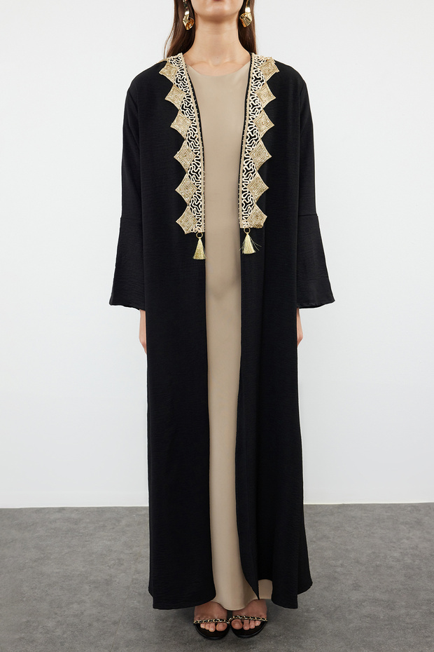 Siyah Gold Nakış Detaylı Dokuma Kap & Ferace & Abaya & Kimono TCTSS24KF00055 - 4