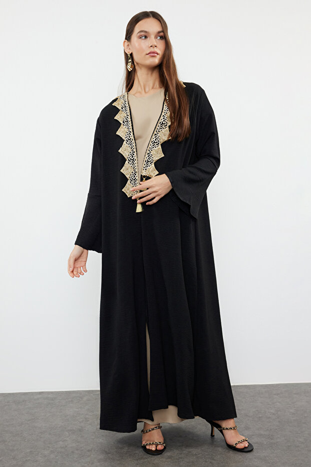 Siyah Gold Nakış Detaylı Dokuma Kap & Ferace & Abaya & Kimono TCTSS24KF00055 - 3