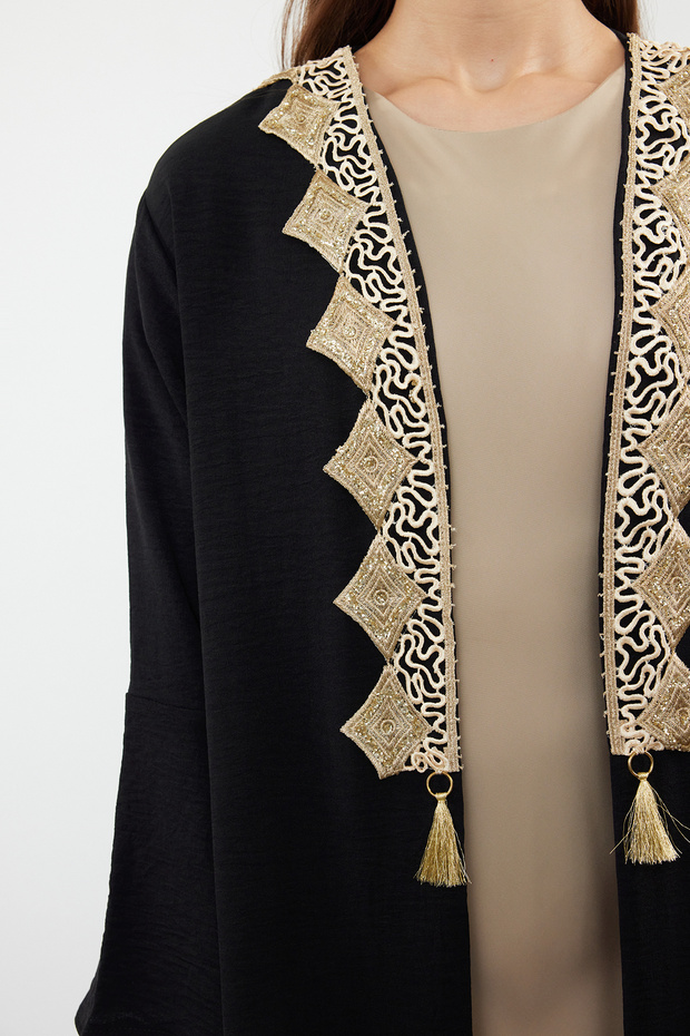 Siyah Gold Nakış Detaylı Dokuma Kap & Ferace & Abaya & Kimono TCTSS24KF00055 - 5