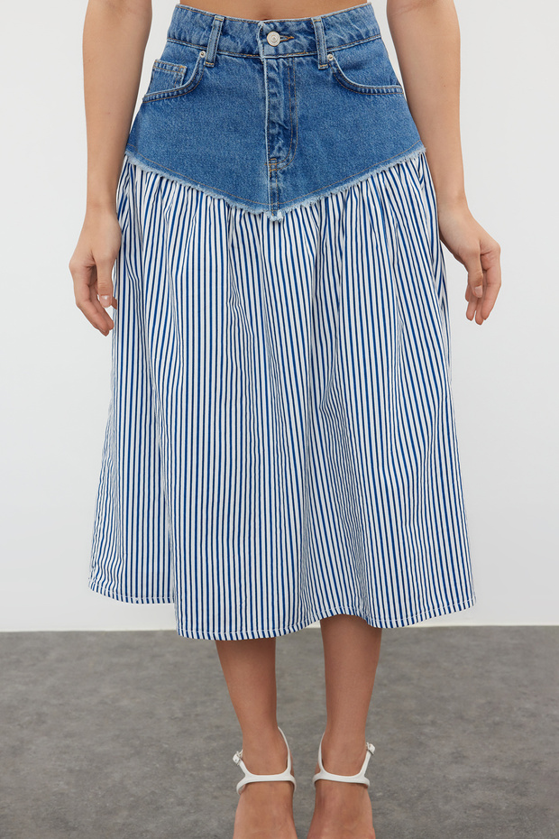 Çok Renkli Çigzili Renk Bloklu Yüksek Bel Midi Denim Etek TWOSS24ET00142 - 8