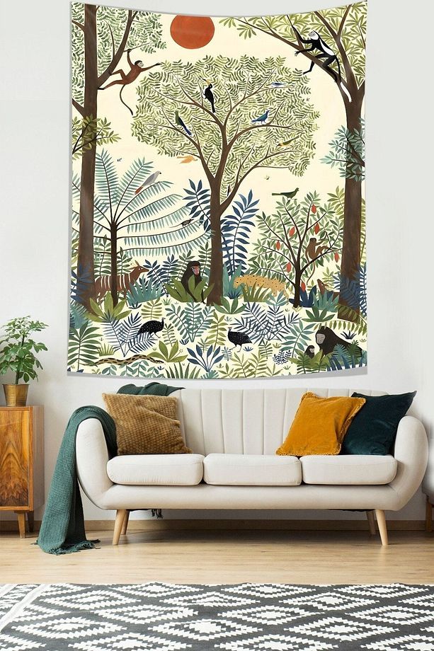 Egzotik Ormanda Kız ve Hayvanlar Leke Tutmaz Kumaş Duvar Örtüsü Duvar Halısı Tapestry - 2