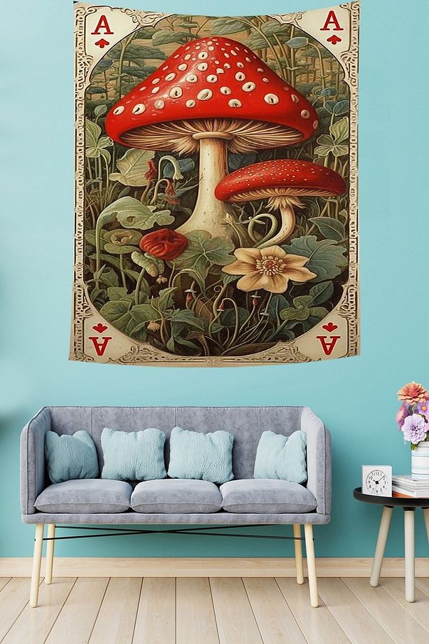 Vintage Mantar Desen Leke Tutmaz Kumaş Duvar Örtüsü Duvar Halısı Tapestry - 2