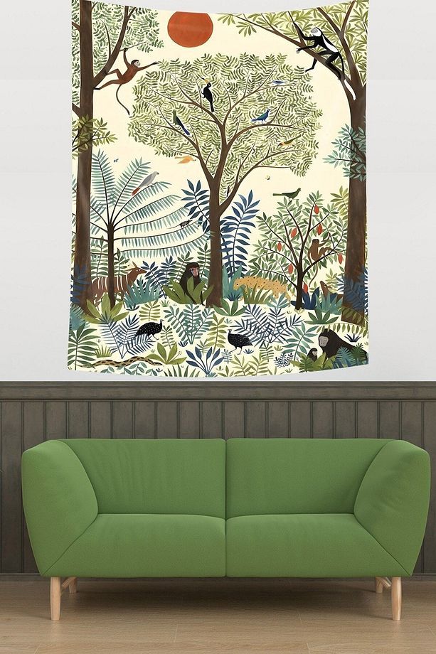 Egzotik Ormanda Kız ve Hayvanlar Leke Tutmaz Kumaş Duvar Örtüsü Duvar Halısı Tapestry - 1
