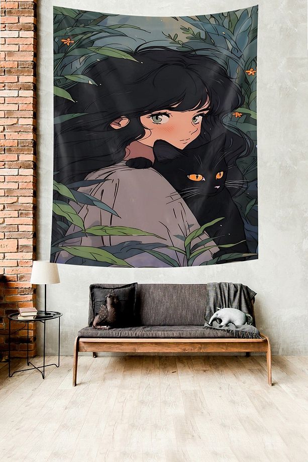 Kız ve Kara Kedi Leke Tutmaz Kumaş Duvar Örtüsü Duvar Halısı Tapestry - 3
