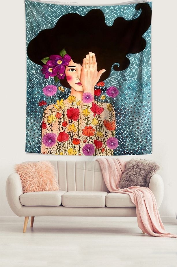 İskandinav Çiçekli Kız Farkındalık Uyanış Tema Leke Tutmaz Kumaş Duvar Örtüsü Duvar Halısı Tapestry - 1
