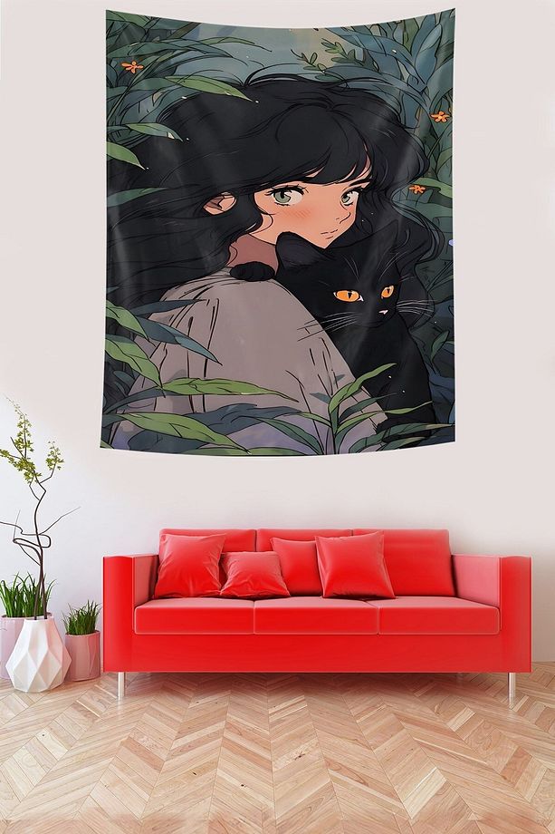 Kız ve Kara Kedi Leke Tutmaz Kumaş Duvar Örtüsü Duvar Halısı Tapestry - 2