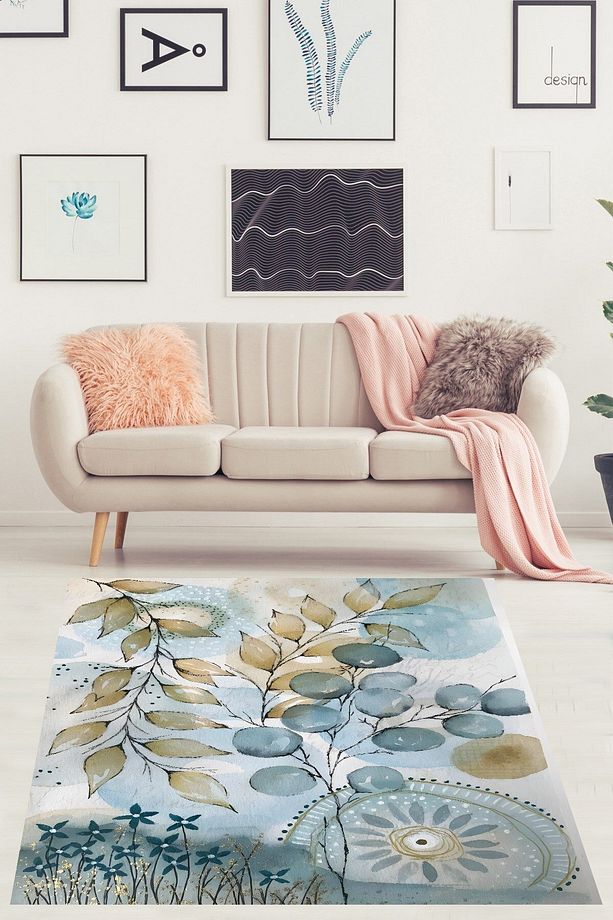 Yaprak Ve Çiçek Desenli Modern Yıkanabilir Kaymaz Taban Leke Tutmaz Salon Halısı - 2