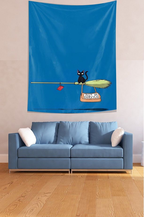 Cadı Süpürgesi İle Uçan Siyah Kedi Leke Tutmaz Kumaş Duvar Örtüsü Duvar Halısı Tapestry - 1