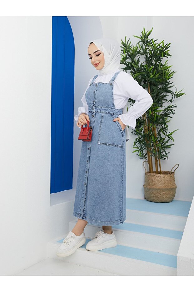 Kadın Mavi Elbise Kot Salopet - 5